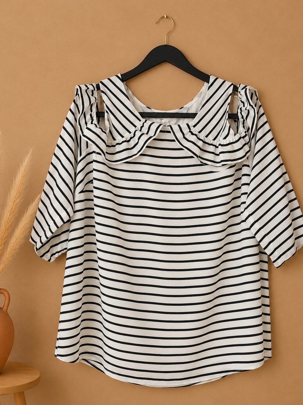 Maurices Black & White Striped Ruffle Collar Blouse